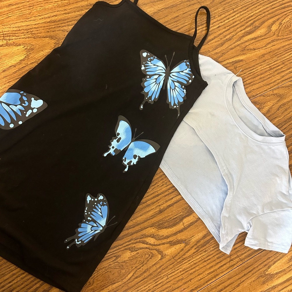 Butterfly Print Kids Tank Top dress and cropped t-Shirt Set Black and Light Blue